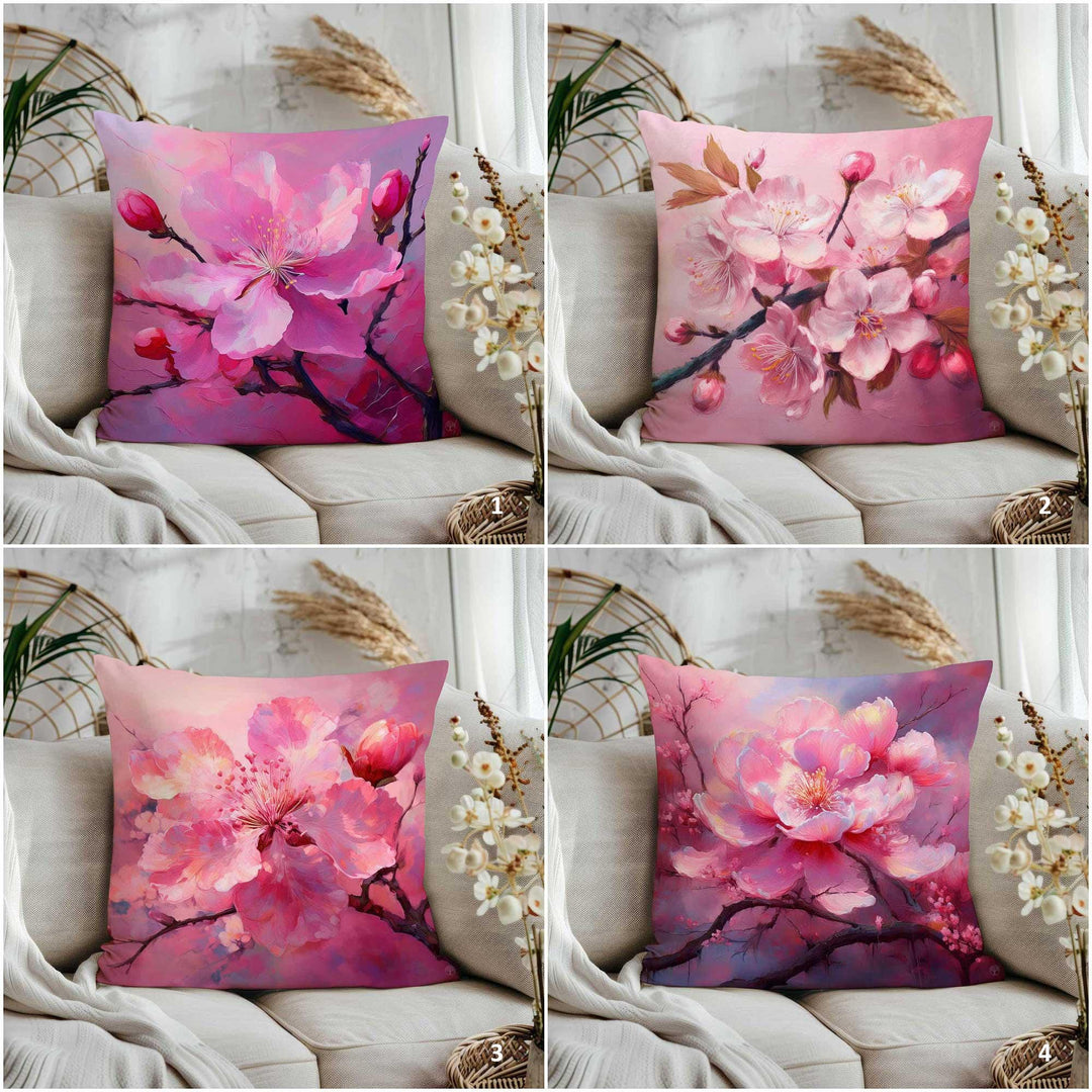 Cherry Blossom Cushion Cover|Pink Floral Porch Pillow Cover|Summer Trend Throw Pillowcase|Pastel Botanical Home Decor|Decorative Pillowtop