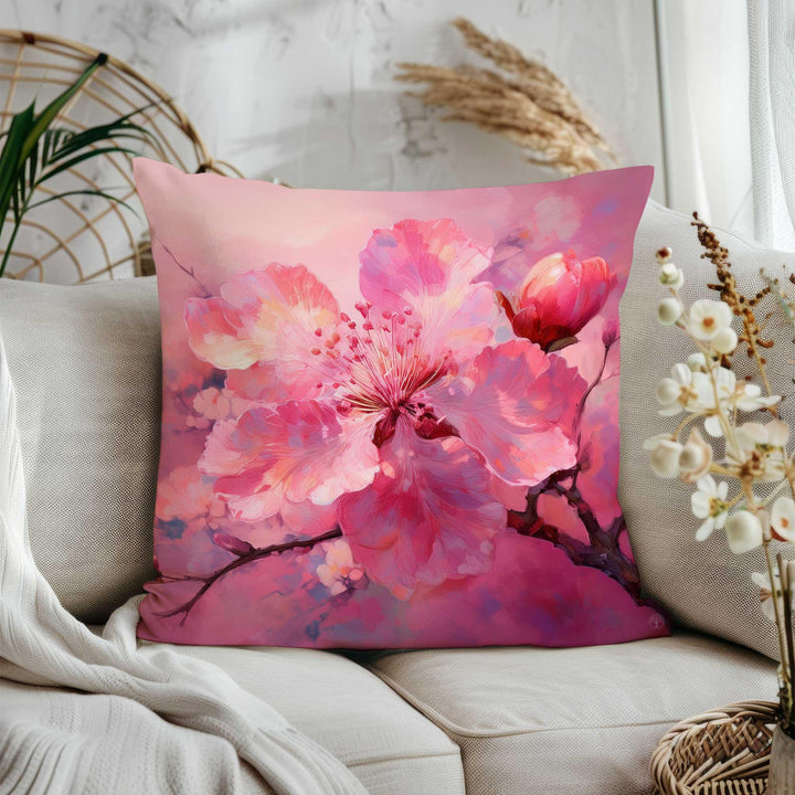 Cherry Blossom Cushion Cover|Pink Floral Porch Pillow Cover|Summer Trend Throw Pillowcase|Pastel Botanical Home Decor|Decorative Pillowtop