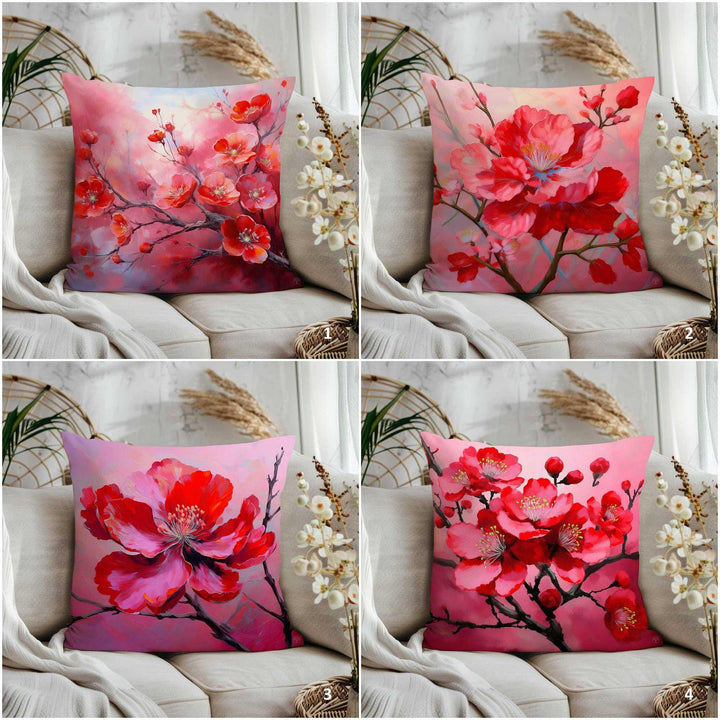 Floral Porch Pillow Cover|Summer Trend Home Decor|Spring Pillowtop|Red Pink Flower Cushion Case|Cozy Throw Pillowcase|Living Room Decor