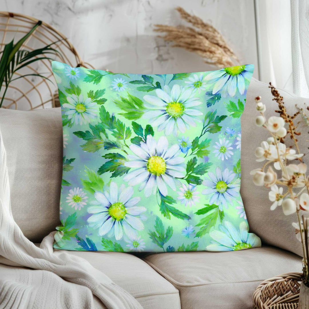 Green Floral Pillowtop|Summer Trend Cushion Case|Daisy Print Porch Pillow Cover|Cozy Throw Pillowcase|Wildflower Home Decor|Gift for Her