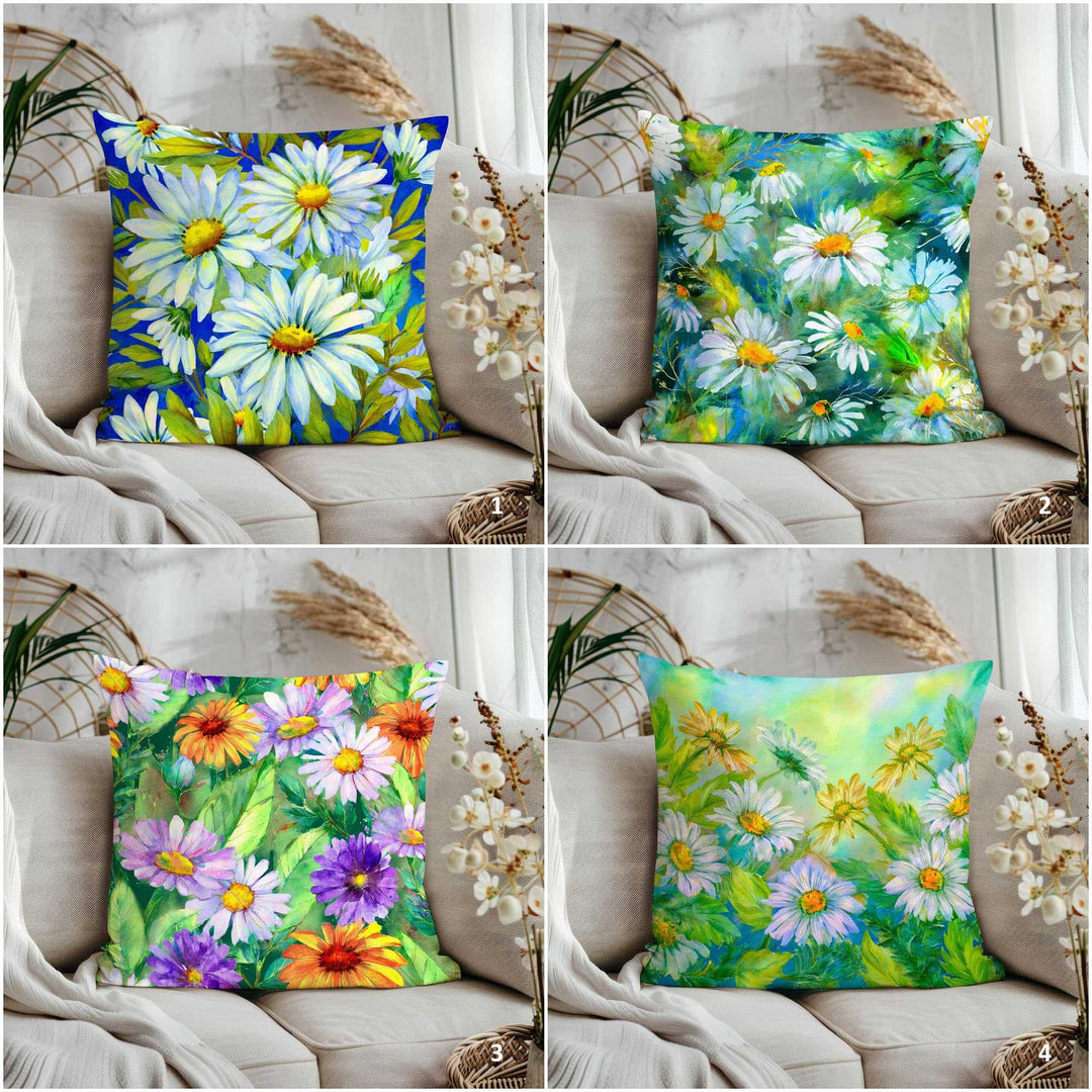 White Daisy Print Pillowtop|Green Floral Home Decor|Cozy Throw Pillowcase|Farmhouse Cushion Case|Summer Trend Porch Pillow Cover