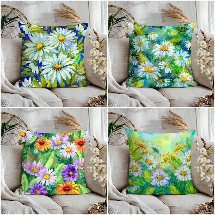 White Daisy Print Pillowtop|Green Floral Home Decor|Cozy Throw Pillowcase|Farmhouse Cushion Case|Summer Trend Porch Pillow Cover