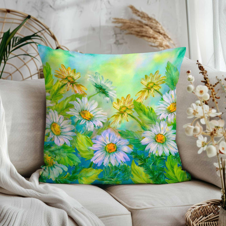 White Daisy Print Pillowtop|Green Floral Home Decor|Cozy Throw Pillowcase|Farmhouse Cushion Case|Summer Trend Porch Pillow Cover