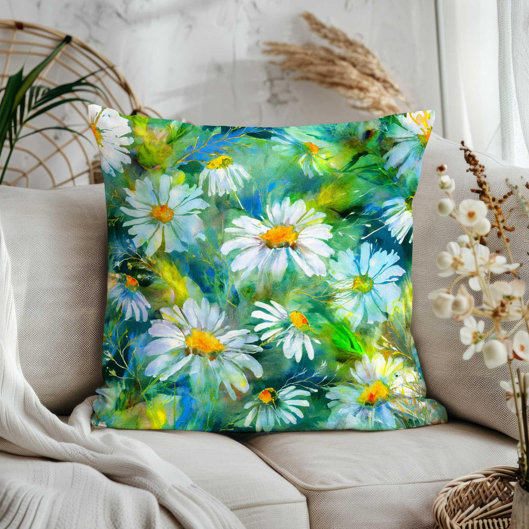 White Daisy Print Pillowtop|Green Floral Home Decor|Cozy Throw Pillowcase|Farmhouse Cushion Case|Summer Trend Porch Pillow Cover