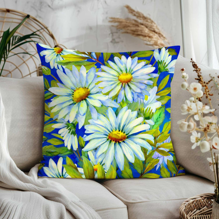 White Daisy Print Pillowtop|Green Floral Home Decor|Cozy Throw Pillowcase|Farmhouse Cushion Case|Summer Trend Porch Pillow Cover