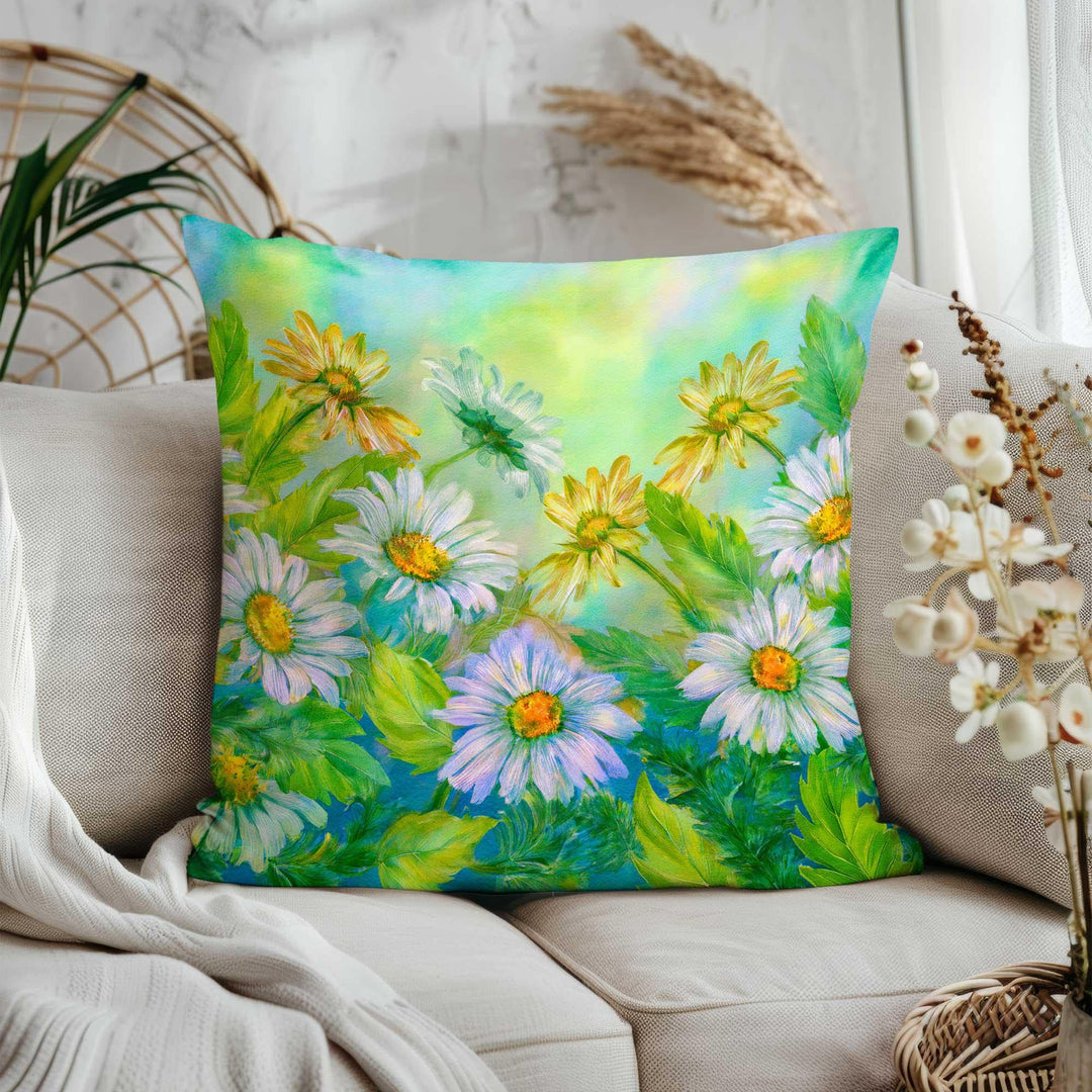 White Daisy Print Pillowtop|Green Floral Home Decor|Cozy Throw Pillowcase|Farmhouse Cushion Case|Summer Trend Porch Pillow Cover