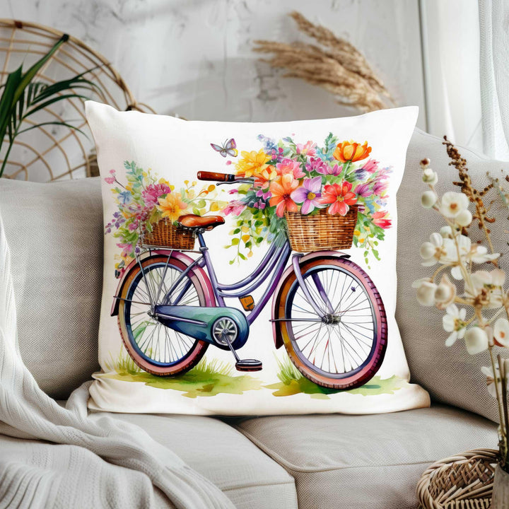 Summer Throw Pillow Cover|Cottage Garden Porch Pillowcase|Boho Floral Bicycle Home Decor Gift|Farmhouse Cushion Cover|Cozy Cushion Case