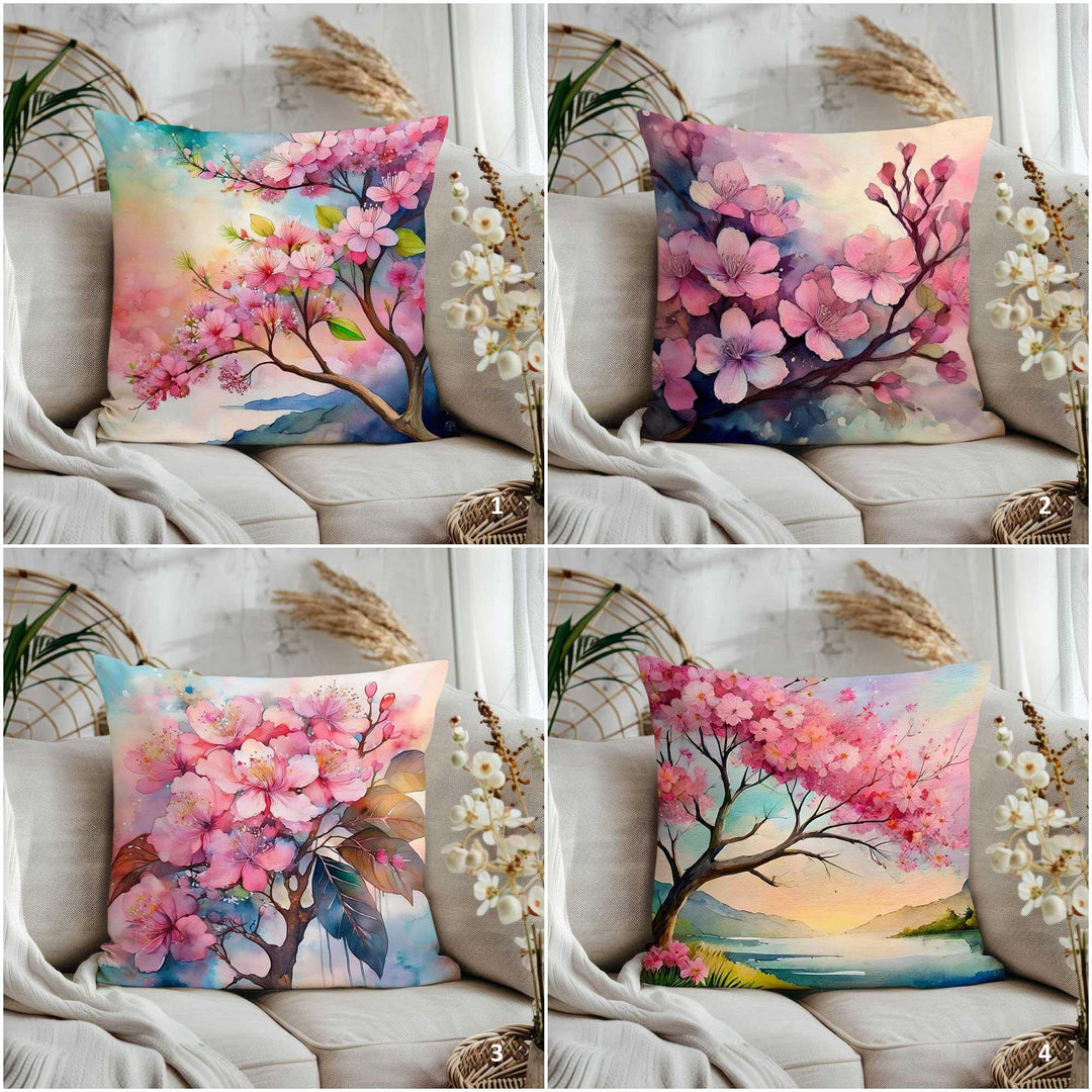 Pink Floral Throw Pillow Cover|Cherry Blossom Home Decor Gift|Summer Trend Cushion Cover|Farmhouse Style Porch Pillowcase|Cozy Cushion Case