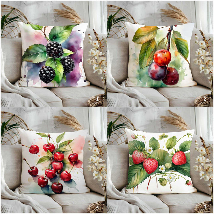 Fruit Cushion Cover|Strawberry Home Decor Gift|Watercolor Blackberry Porch Pillowcase|Floral Throw Pillow Case|Cherry Print Summer Cushion
