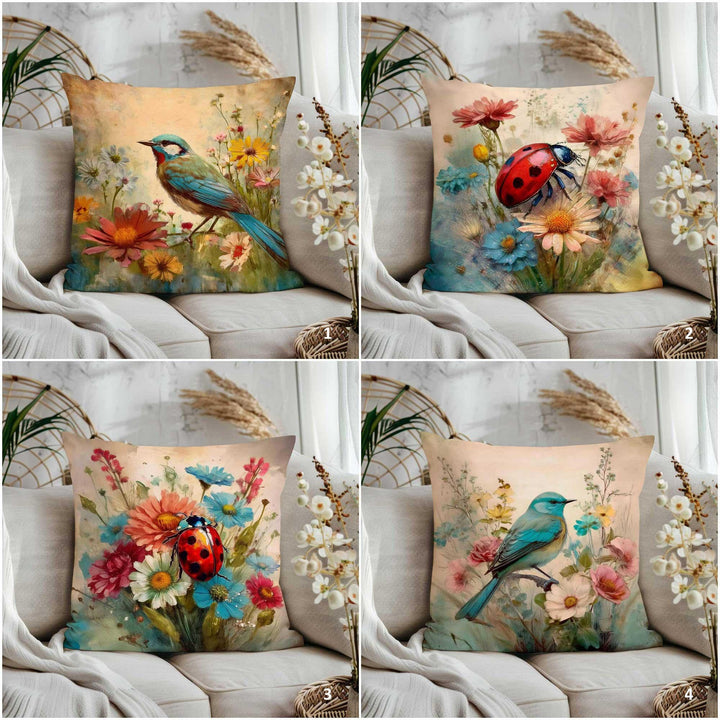 Bluebird Cushion Cover|Wildflowers Porch Pillowcase|Ladybug Cushion Case|Floral Home Gift|Daisies Throw Pillow Case|Summer Cushion Cover