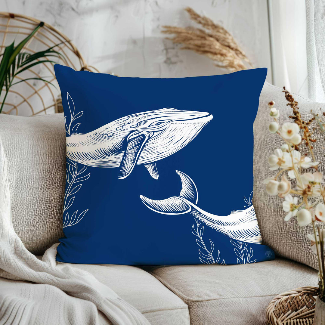 Sea Life Throw Pillow Cover|Ocean Theme Nautical Outdoor Pillowtop|Conch Shell Home Decor|Whale Coral Crab Cushion Cover|Navy Marine Pillow