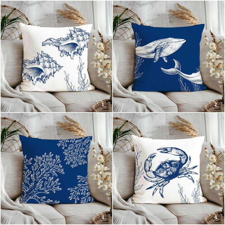 Sea Life Throw Pillow Cover|Ocean Theme Nautical Outdoor Pillowtop|Conch Shell Home Decor|Whale Coral Crab Cushion Cover|Navy Marine Pillow