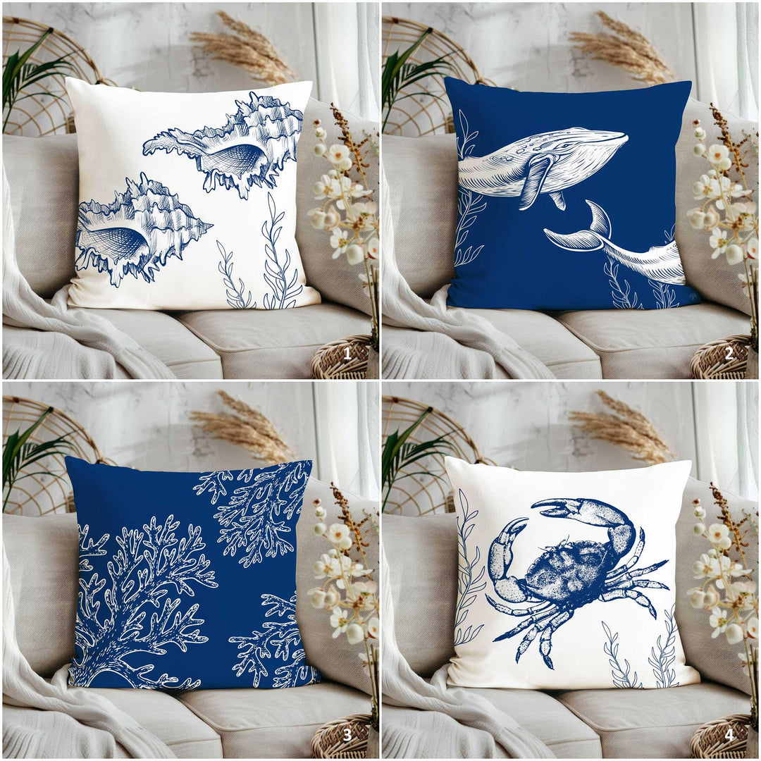 Sea Life Throw Pillow Cover|Ocean Theme Nautical Outdoor Pillowtop|Conch Shell Home Decor|Whale Coral Crab Cushion Cover|Navy Marine Pillow