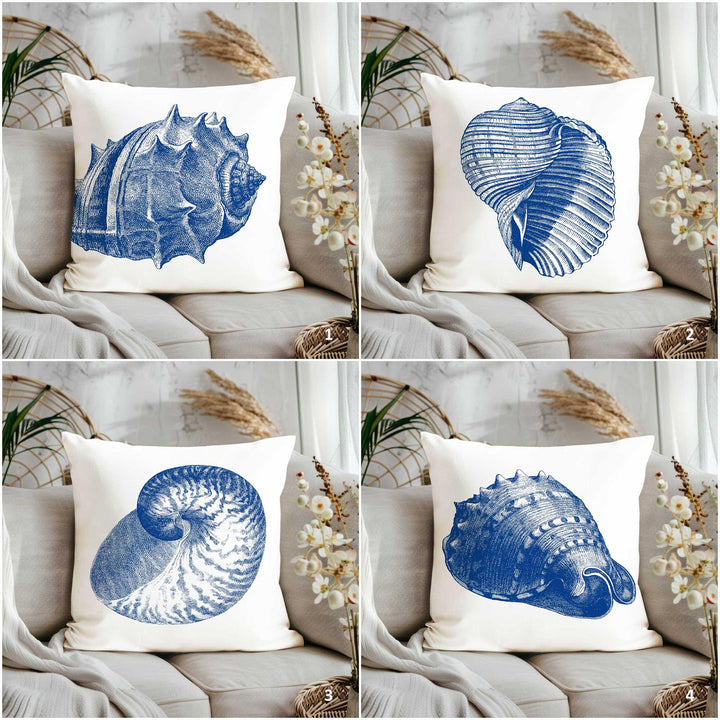 Blue White Seashell Pillowcase|Beach House Cushion Cover|Navy Marine Throw Pillow Cover|Coastal Theme Home Decor|Nautical Outdoor Pillowtop