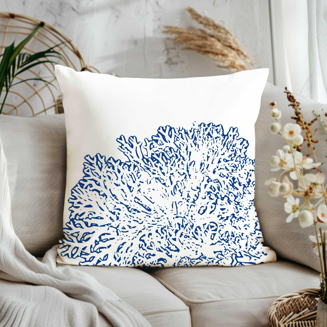 Coastal Pillow Cover|Nautical Cushion Case|Mix of Starfish, Octopus, Coral, Conch & Seashell Designs in Blue and White for Beach House Decor