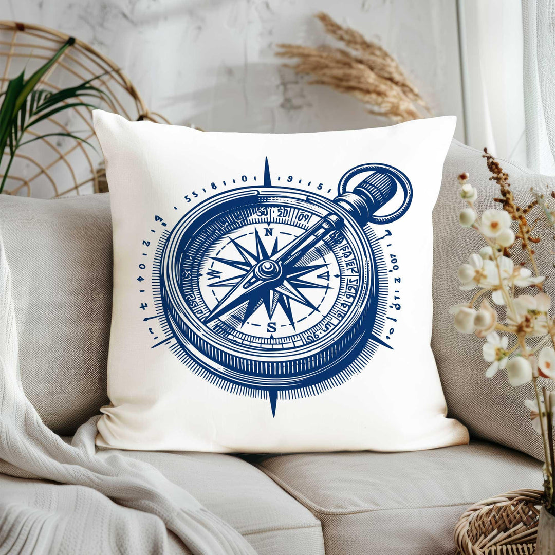 Nautical Pillow Cover|Striped Beach House Pillowcase|Anchor, Compass, Sailing Ship, Rope Knot Designs in Navy - White for Coastal Home Decor