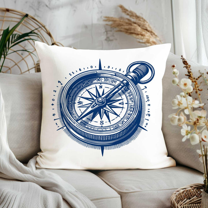 Nautical Pillow Cover|Striped Beach House Pillowcase|Anchor, Compass, Sailing Ship, Rope Knot Designs in Navy - White for Coastal Home Decor