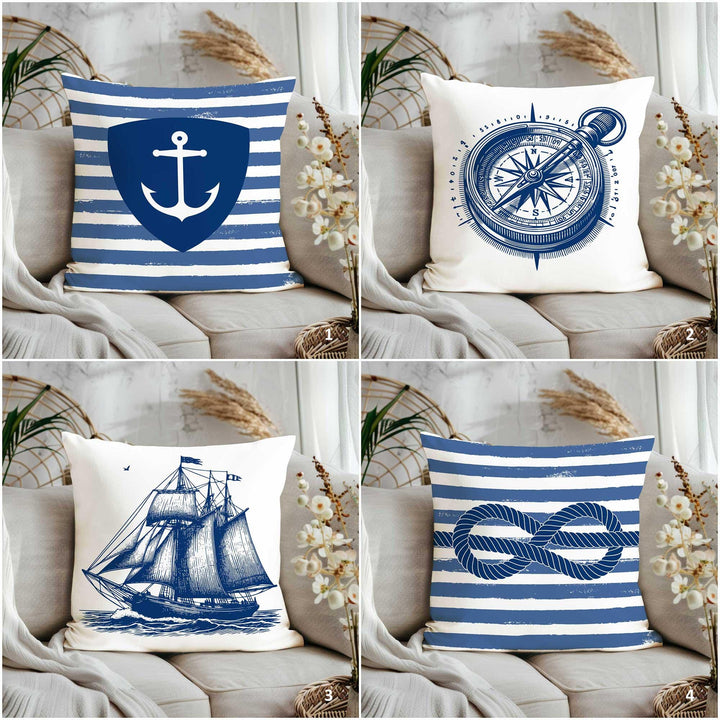 Nautical Pillow Cover|Striped Beach House Pillowcase|Anchor, Compass, Sailing Ship, Rope Knot Designs in Navy - White for Coastal Home Decor