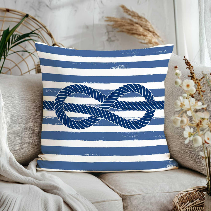 Nautical Pillow Cover|Striped Beach House Pillowcase|Anchor, Compass, Sailing Ship, Rope Knot Designs in Navy - White for Coastal Home Decor