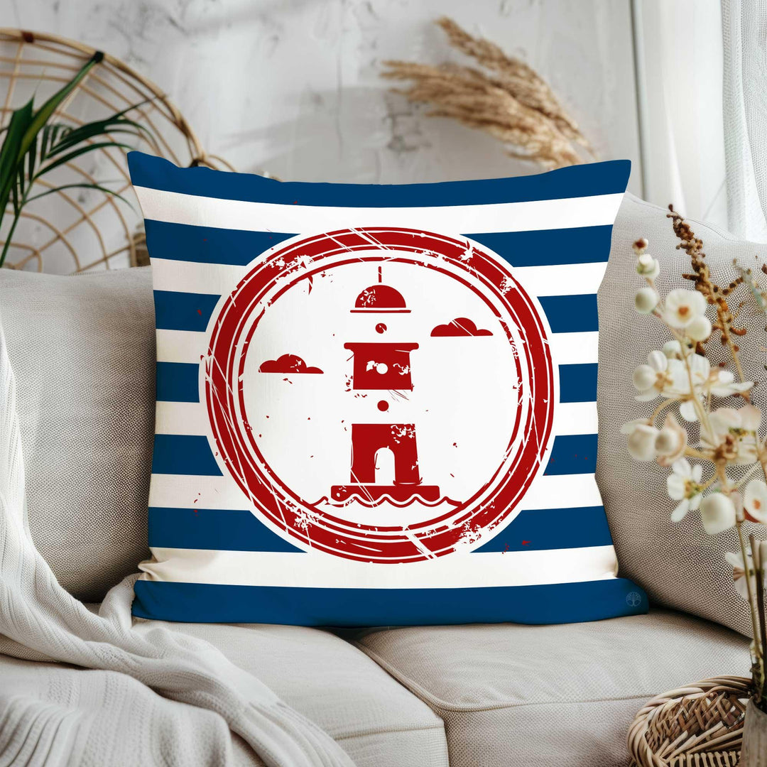 Nautical Striped Pillow Cover|Beach House Cushion Case|Anchor, Ship Wheel, Lighthouse, Sailboat Design in Blue, White, Red for Coastal Decor