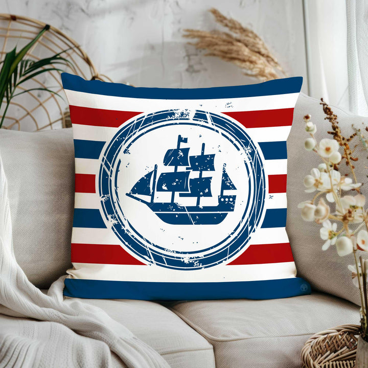 Nautical Striped Pillow Cover|Beach House Cushion Case|Anchor, Ship Wheel, Lighthouse, Sailboat Design in Blue, White, Red for Coastal Decor