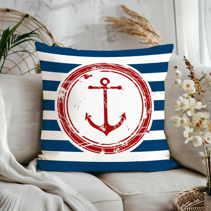 Nautical Striped Pillow Cover|Beach House Cushion Case|Anchor, Ship Wheel, Lighthouse, Sailboat Design in Blue, White, Red for Coastal Decor