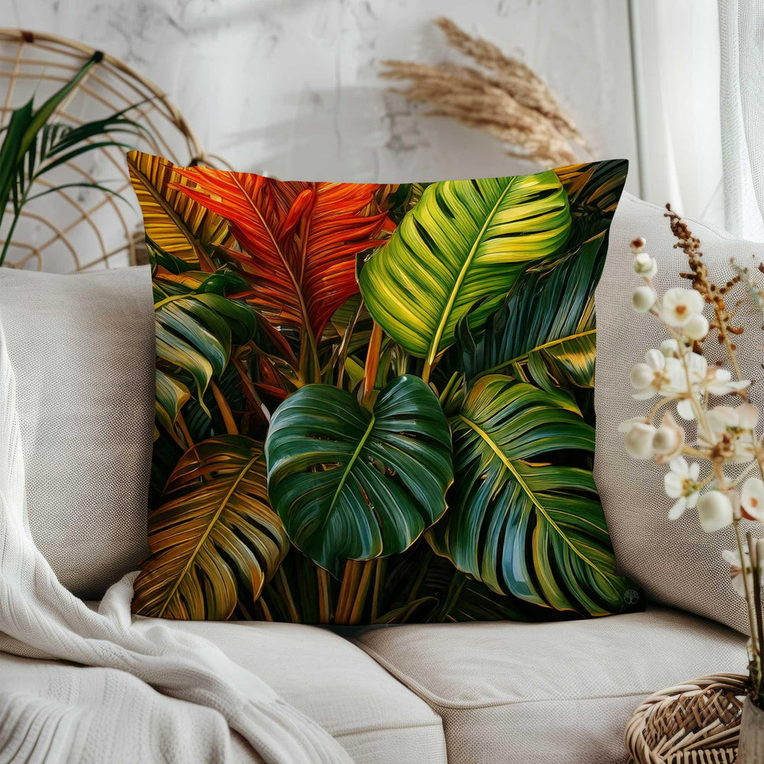 Green and Orange Leaves Cushion Case|Tropical Leaf Cushion Cover|Cozy Pillow Case|Plant Print Home Decor|Summer Trend Pillow Cover