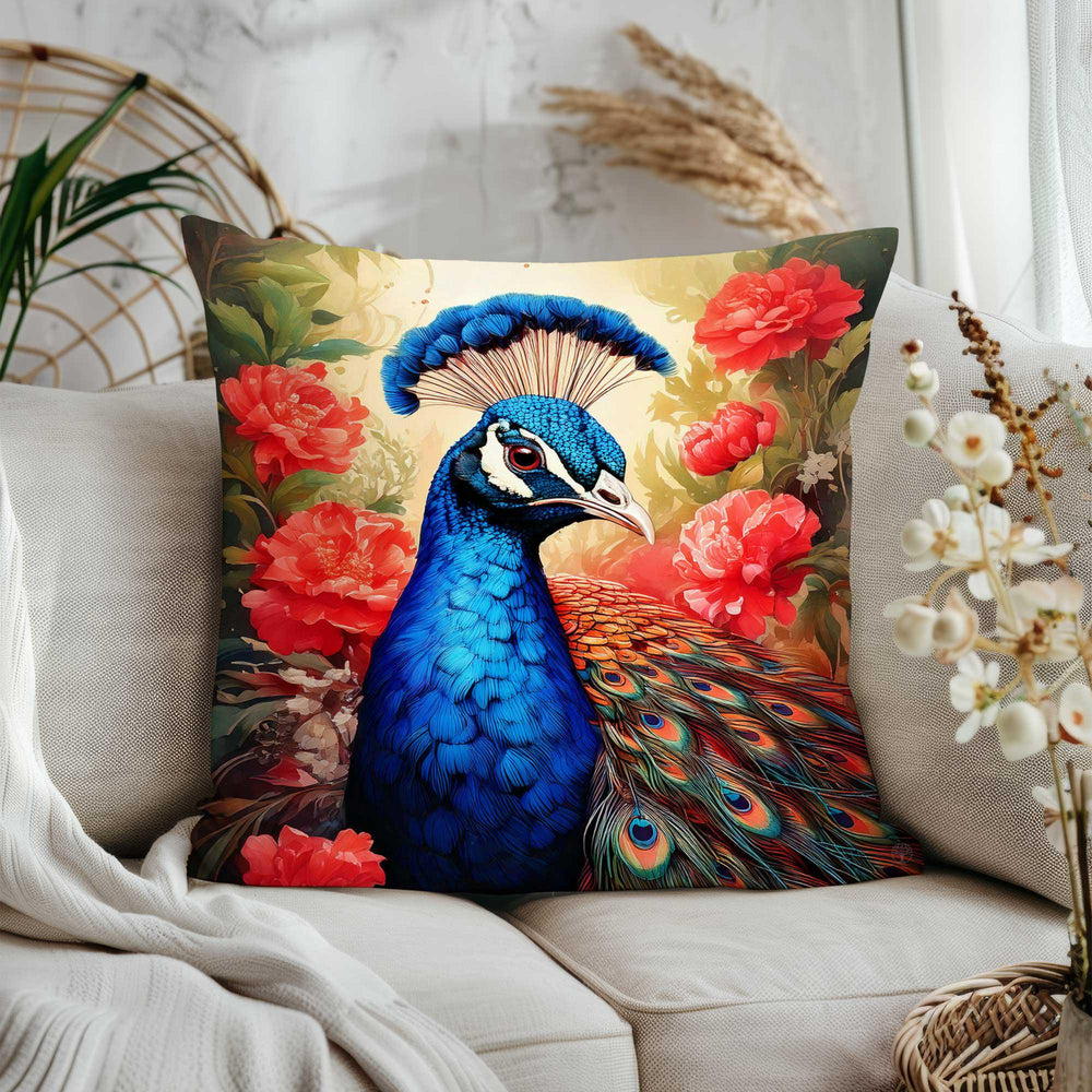 Blue Peacock Pillow Cover|Animal Print Cushion Cover|Flower Pillow Case|Boho Home Decor|Farmhouse Cushion Case|Peacock Cushion Case