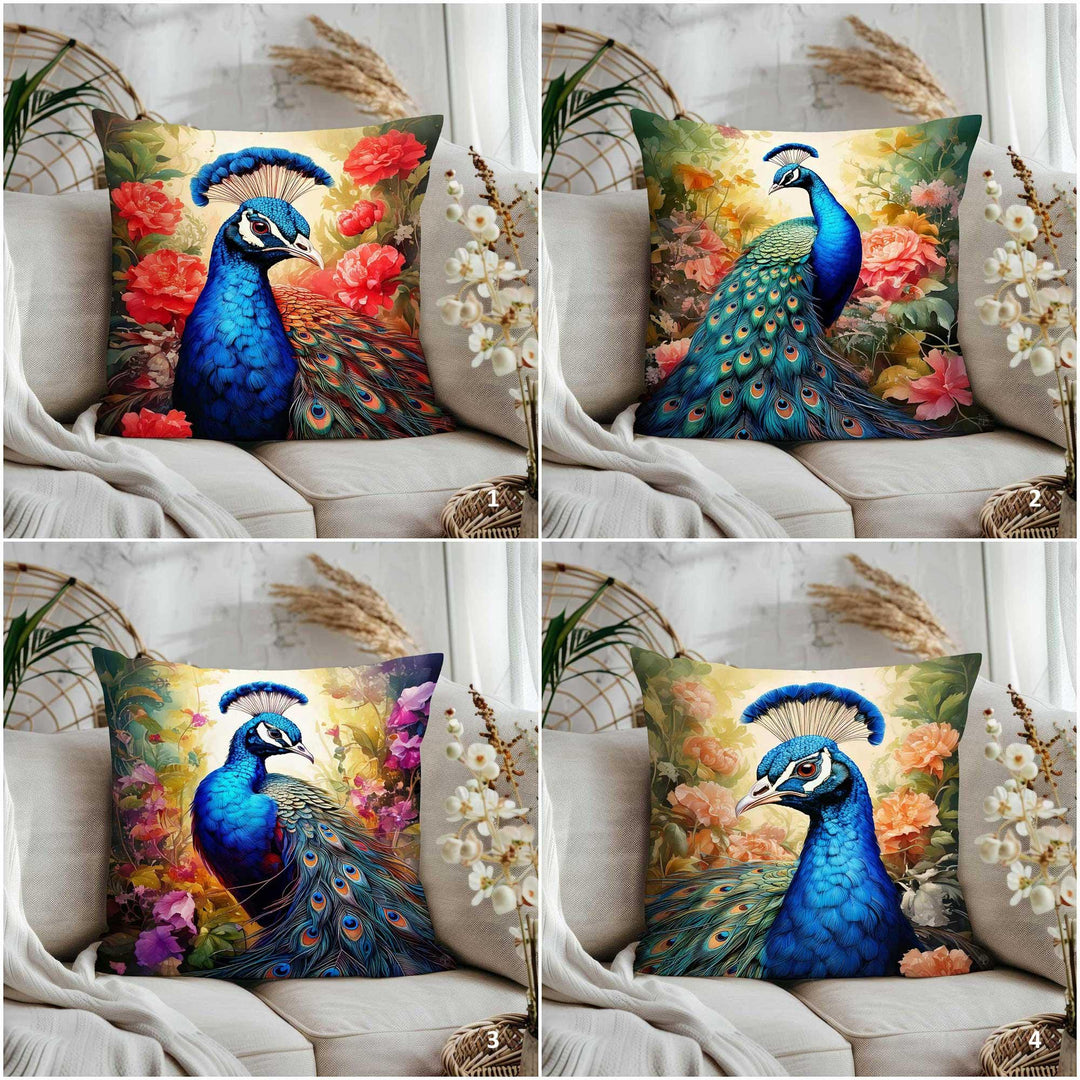 Blue Peacock Pillow Cover|Animal Print Cushion Cover|Flower Pillow Case|Boho Home Decor|Farmhouse Cushion Case|Peacock Cushion Case