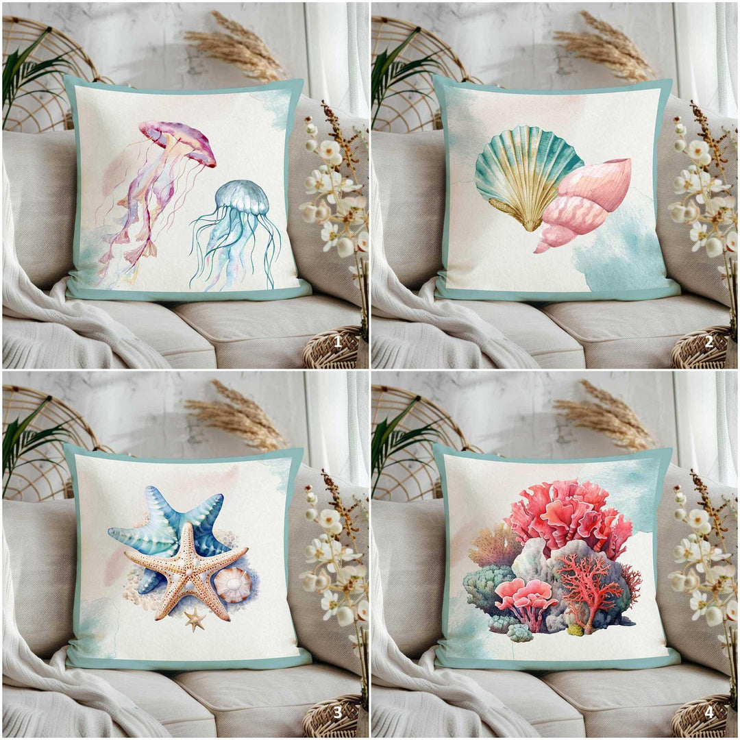 Marine Life Cushion Cover|Starfish Pillowtop|Jellyfish Home Decor|Seashell Cushion Case|Coral Reef Throw Pillow|Pastel Nautical Sofa Decor