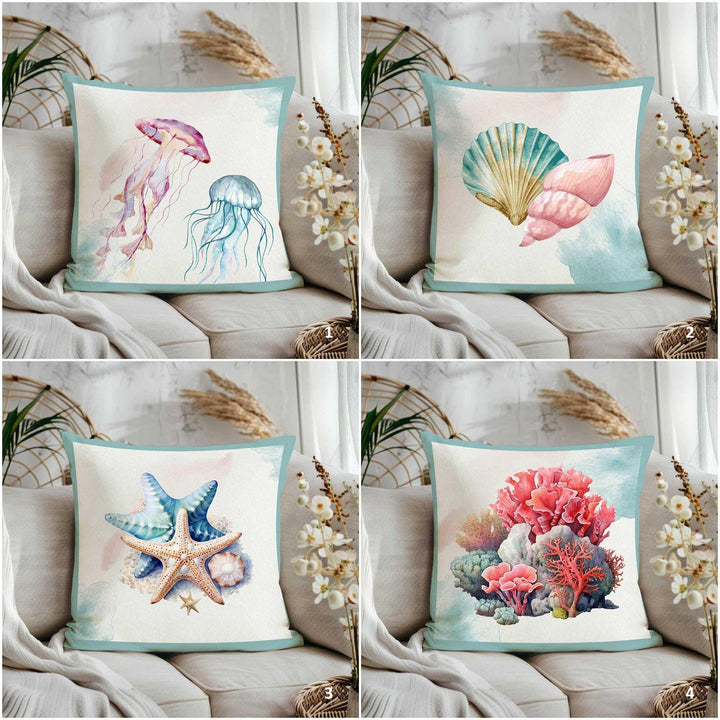 Marine Life Cushion Cover|Starfish Pillowtop|Jellyfish Home Decor|Seashell Cushion Case|Coral Reef Throw Pillow|Pastel Nautical Sofa Decor