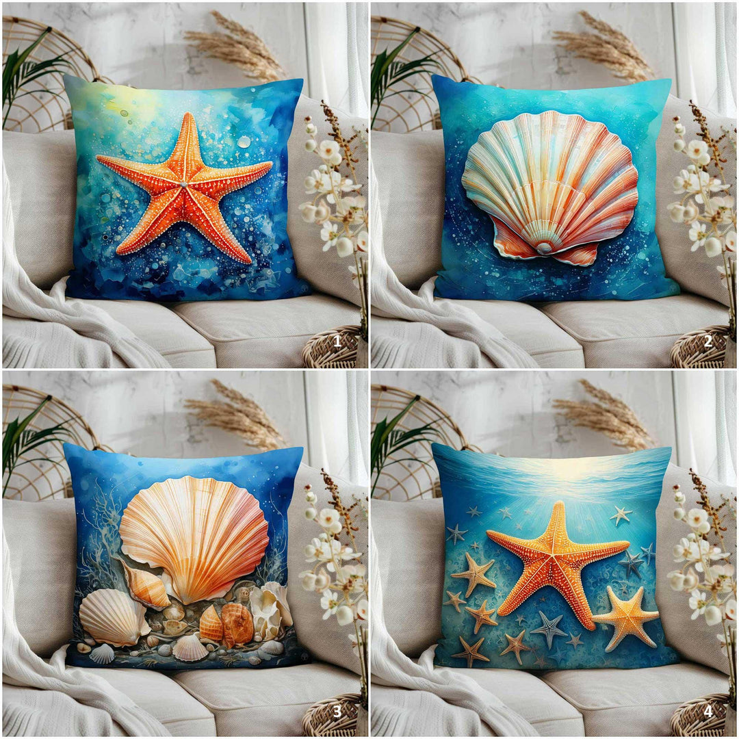 Pastel Oyster Pillowtop|Starfish Cushion Case|Sunny Ocean Sofa Decor|Coral Reef Cushion Cover|Nautical Throw Pillow Cover