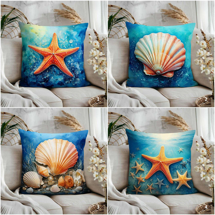 Pastel Oyster Pillowtop|Starfish Cushion Case|Sunny Ocean Sofa Decor|Coral Reef Cushion Cover|Nautical Throw Pillow Cover