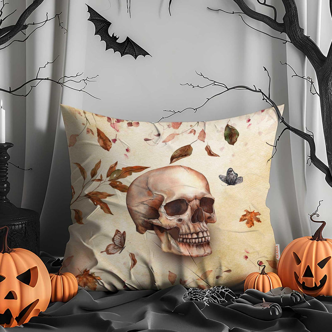 Pumpkin & Crow Whisper Pillow Cover|Skull Autumn Bloom Cushion Case|Harvest Pillow Case|Spooky Throw Pillowcase|Halloween Pillowtop