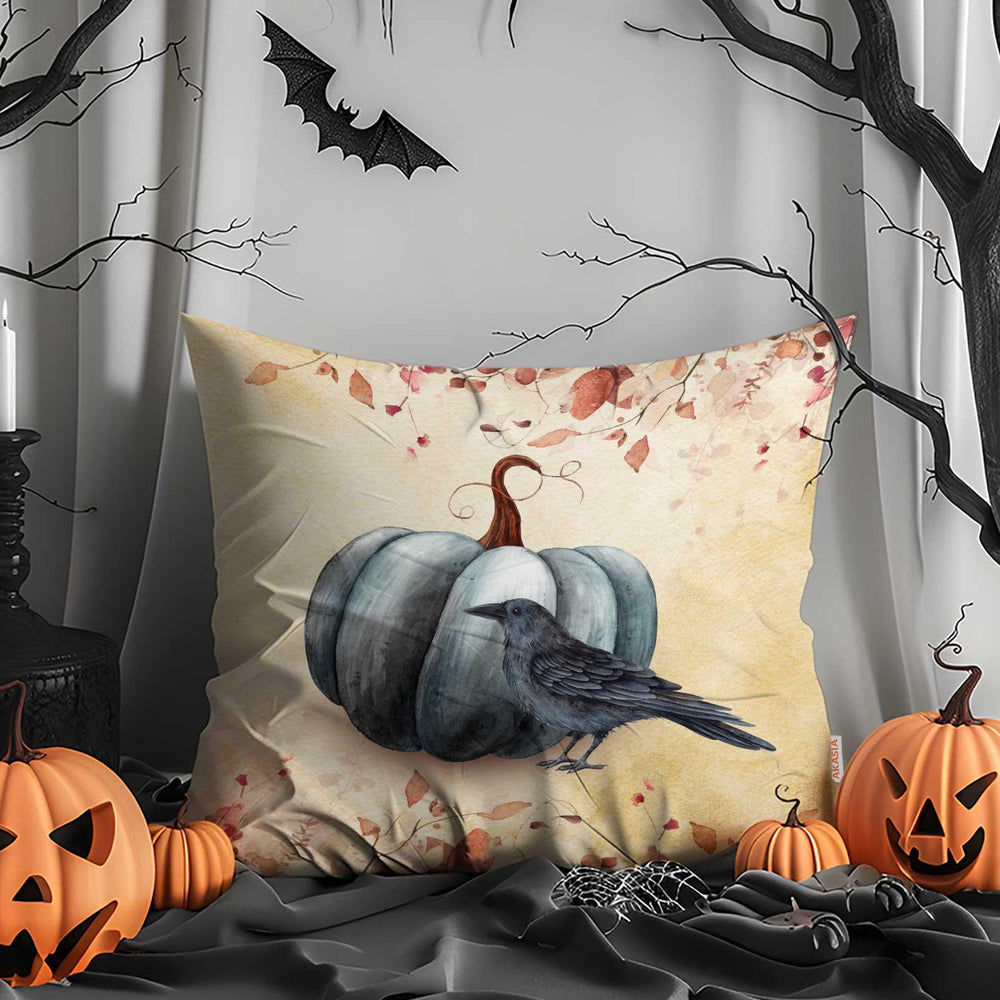 Pumpkin & Crow Whisper Pillow Cover|Skull Autumn Bloom Cushion Case|Harvest Pillow Case|Spooky Throw Pillowcase|Halloween Pillowtop