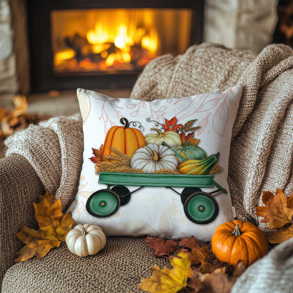 Harvest Theme Cushion Case|Autumn Wreath Throw Pillowcase|Fall Pillow Case|Tiered Pumpkin Tray Pillowtop|Pumpkin Wagon Pillow Cover