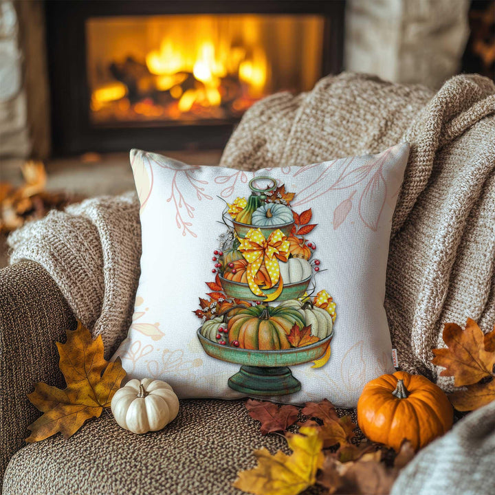 Harvest Theme Cushion Case|Autumn Wreath Throw Pillowcase|Fall Pillow Case|Tiered Pumpkin Tray Pillowtop|Pumpkin Wagon Pillow Cover