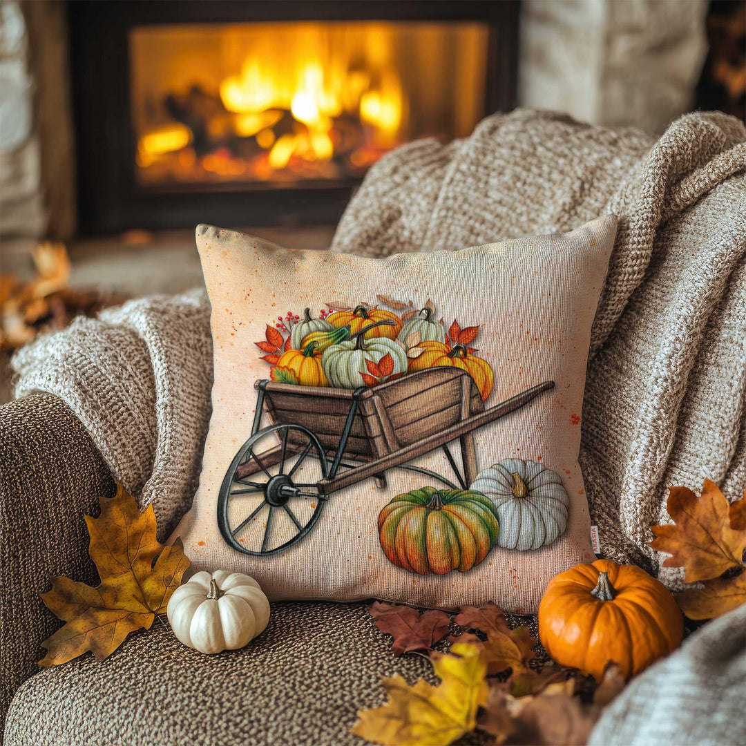 Green Harvest Truck Pillow Cover|Fall Picnic Pillowtop|Wheelbarrow Pillow Case|Autumn Throw Pillowcase|Pumpkin Cushion Case|Farmhouse Gift
