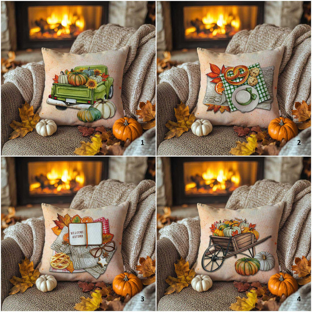 Green Harvest Truck Pillow Cover|Fall Picnic Pillowtop|Wheelbarrow Pillow Case|Autumn Throw Pillowcase|Pumpkin Cushion Case|Farmhouse Gift