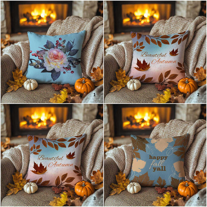 Pink Autumn Floral Throw Pillowcase|Red Maple Pillow Case|Happy Fall Y’all Cushion Case|Fall Leaves Pillow Cover|Thanksgiving Gift Idea