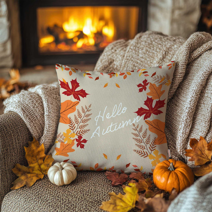 Fall Leaves On Beige Cushion Case|Red Maple Pillow Case|Hello Autumn Throw Pillowcase|Fall Leaf Outdoor Cushion|Thanksgiving Porch Decor