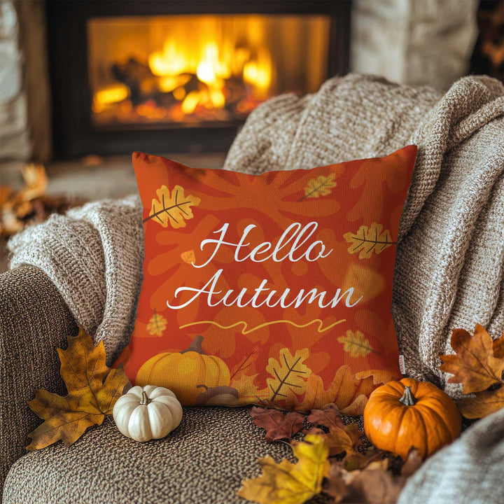 Hello Fall Pillow Case|Farmhouse Cushion Case|Hello Autumn Porch Decor|Thanksgiving Throw Pillowcase|Falling Leaves Outdoor Cushion