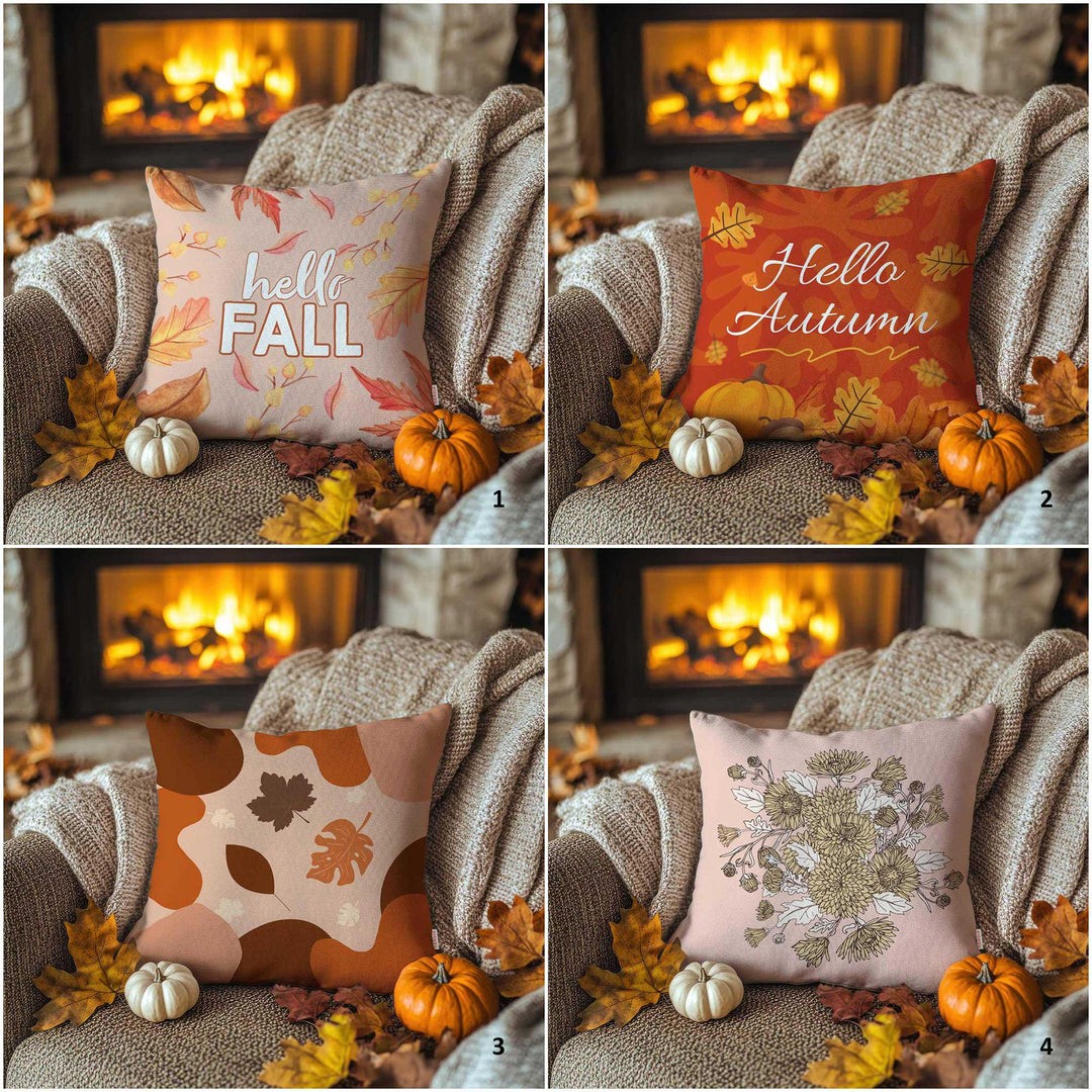 Hello Fall Pillow Case|Farmhouse Cushion Case|Hello Autumn Porch Decor|Thanksgiving Throw Pillowcase|Falling Leaves Outdoor Cushion