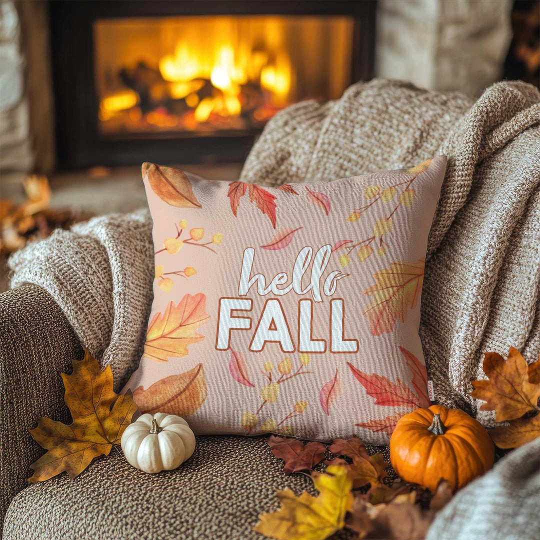 Hello Fall Pillow Case|Farmhouse Cushion Case|Hello Autumn Porch Decor|Thanksgiving Throw Pillowcase|Falling Leaves Outdoor Cushion