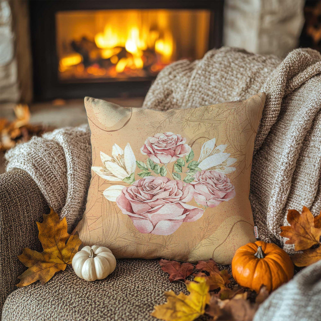 Colorful Autumn Leaves Throw Pillowcase|Pumpkins Pillow Case|Happy Thanksgiving Cushion Case|Pink Roses with Green Leaves Outdoor Cushion