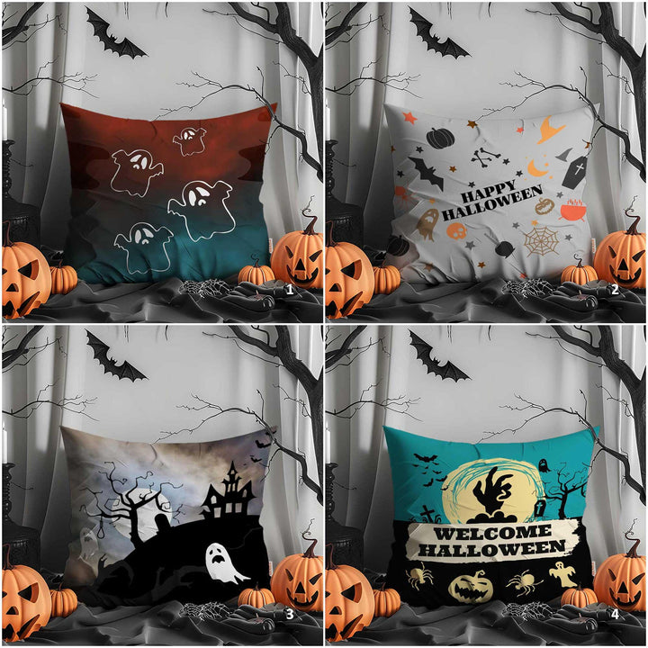 Haunted House With Moonlight Cushion Case|Spooky Pillow Case|Happy Halloween Outdoor Cushion Case|Floating Ghosts Print Throw Pillowcase
