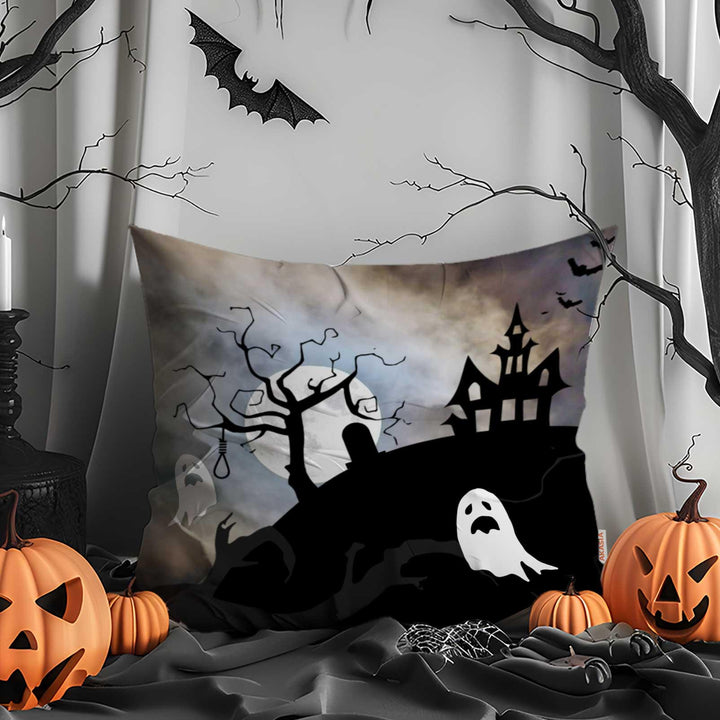 Haunted House With Moonlight Cushion Case|Spooky Pillow Case|Happy Halloween Outdoor Cushion Case|Floating Ghosts Print Throw Pillowcase