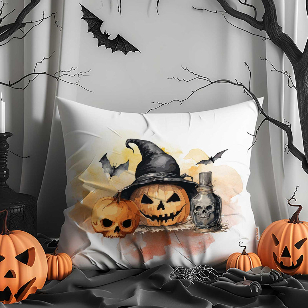 Flying Bats Pillow Cover|Jack-o’-Lanterns Throw Pillowcase|Candlelit Skull With Bats Outdoor Cushion Case|Happy Halloween Cushion Case