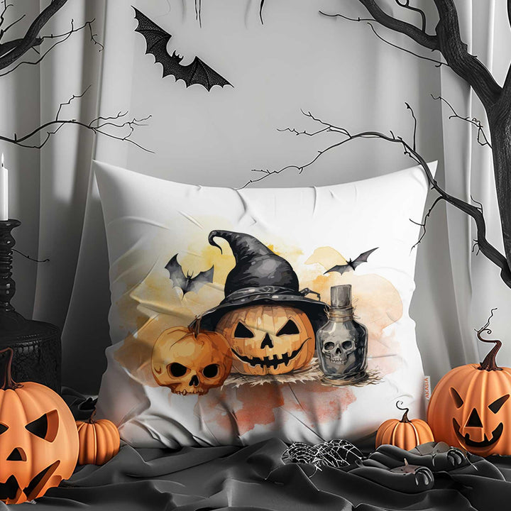 Flying Bats Pillow Cover|Jack-o’-Lanterns Throw Pillowcase|Candlelit Skull With Bats Outdoor Cushion Case|Happy Halloween Cushion Case