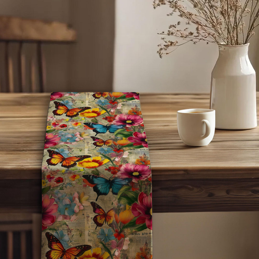 16x70 Floral Table Runner|Floral Tablecloth|Butterfly Print Runner|Modern Home Decor|Farmhouse Kitchen Table Runner|Decorative Runner